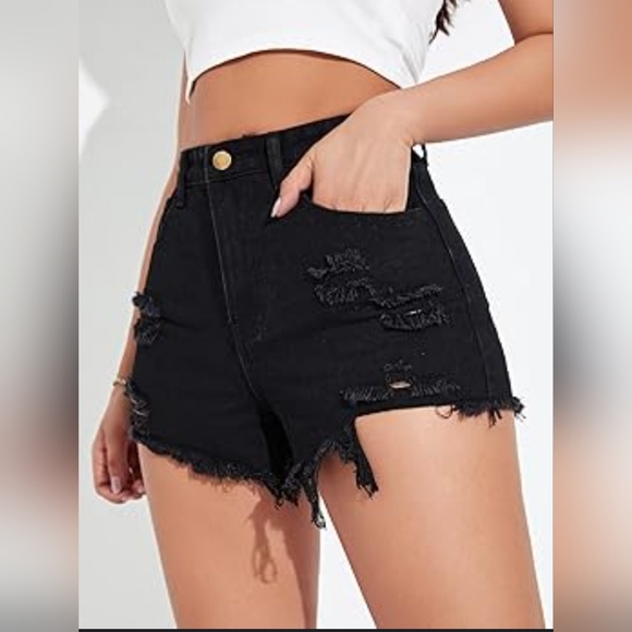 F21 WOMEN'S BLACK RETRO DISTRESSED DENIM SHORTS SIZE 16 - Picture 1 of 10